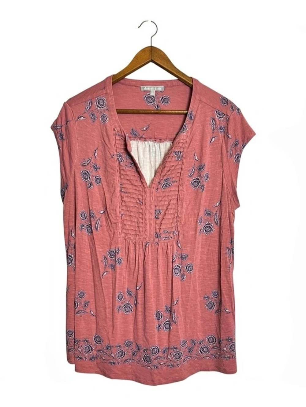 Daniel Rainn Plus Size Soft Pink Boho Floral Short Sleeve Blouse Top